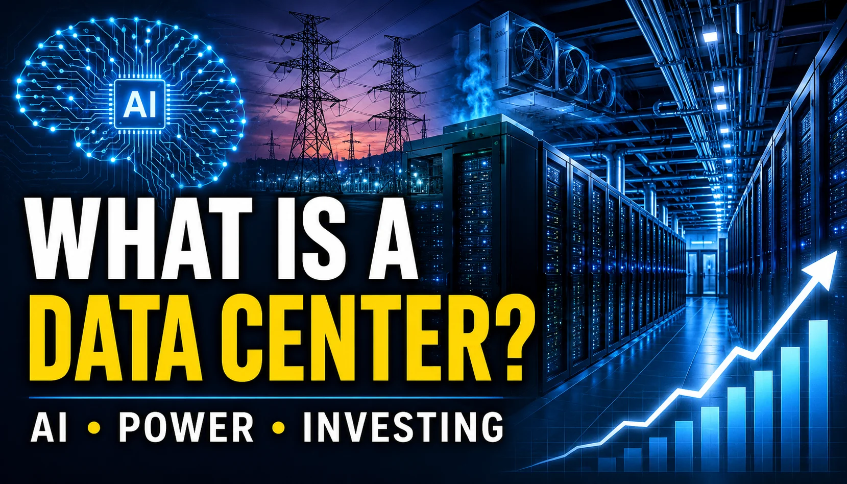 AI data center infrastructure with power, cooling, servers, and investment watchlist concept